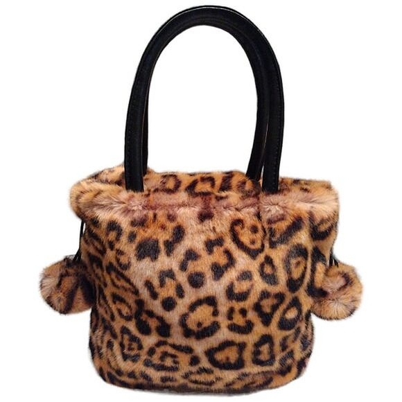 Jayley Collection Leopard Print Faux Fur Drawstring Bag w/ Pom-pom Tassels, NWT - Picture 5 of 11